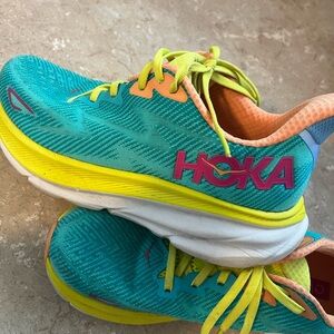 Hoka Teal and Yellow Athletic Shoes